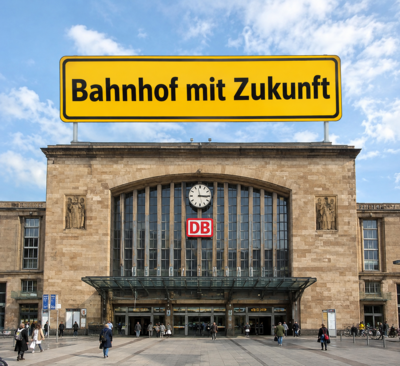 Ansicht des Stuttgarter Bahnhofs mit der Überschrift: Bahnhof mit Zukunft