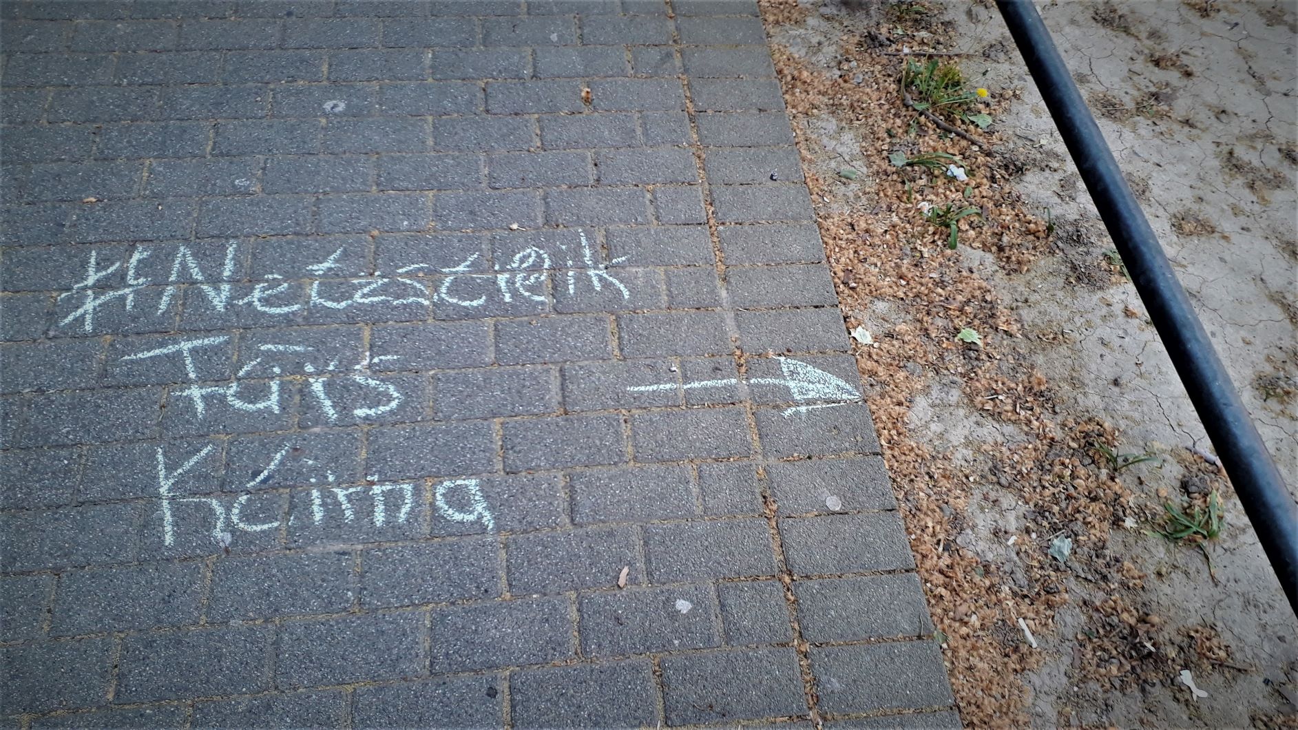 Eine Kreidebotschaft "#Netzstreik fürs Klima" ist auf einen Bürgersteig gemalt mit einem Pfeil zum rissigen, ausgetrockneten Beet-Boden daneben