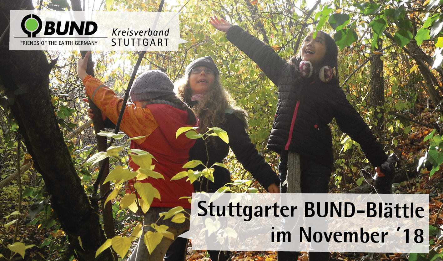 Drei Kinder spielen im Laub mit dem Text "Stuttgarter BUND-Blättle im November '18"